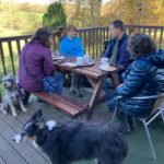Photograph of four adults chatting and sitting outside at a cafe overlooking a grassy area, with two dogs sitting on the floor beside them.