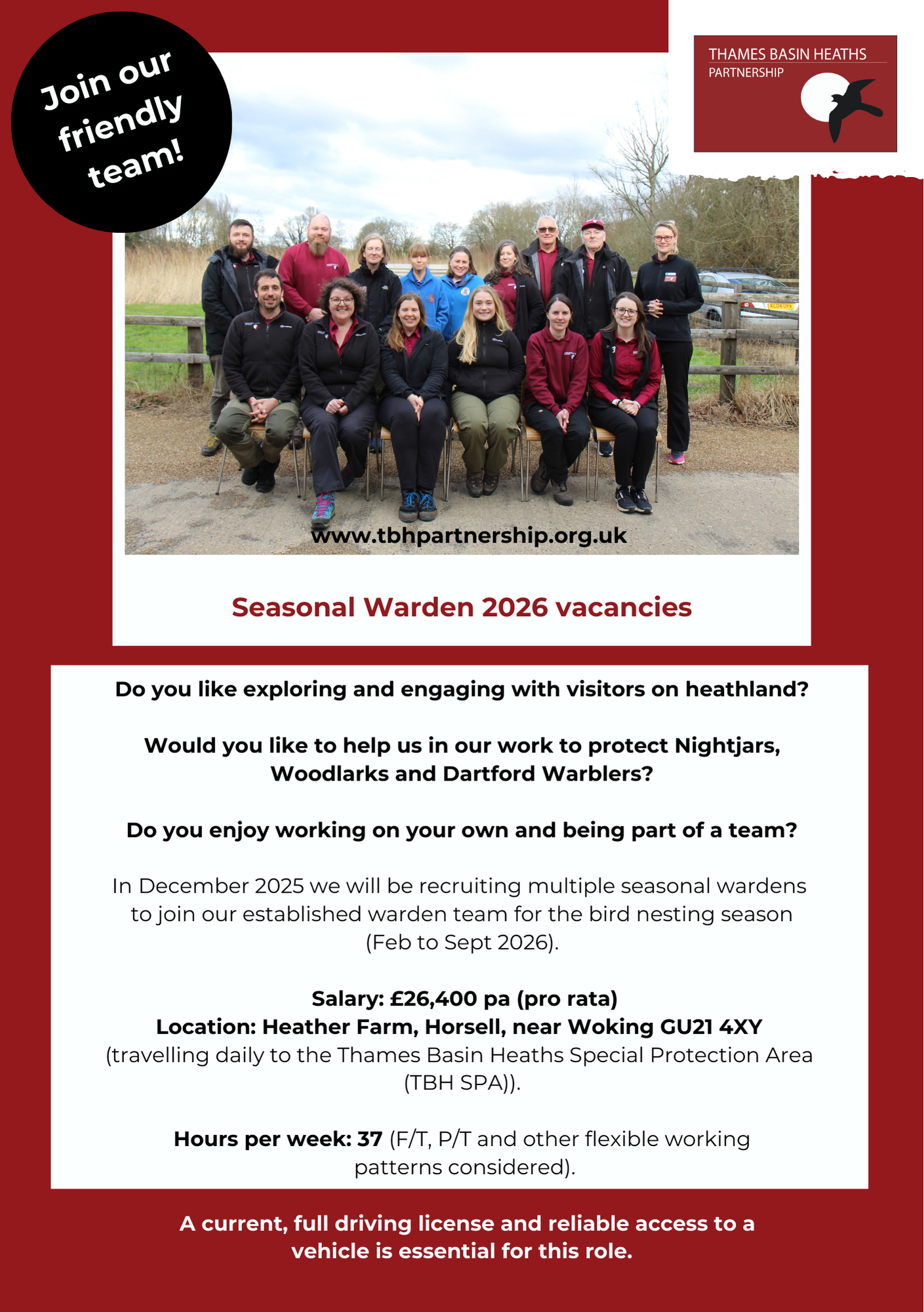 Photo of a burgundy flyer containing a team photo, advertising the seasonal warden vacancies for 2026