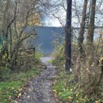 Photo of a muddy path bordered by trees leading to business units
