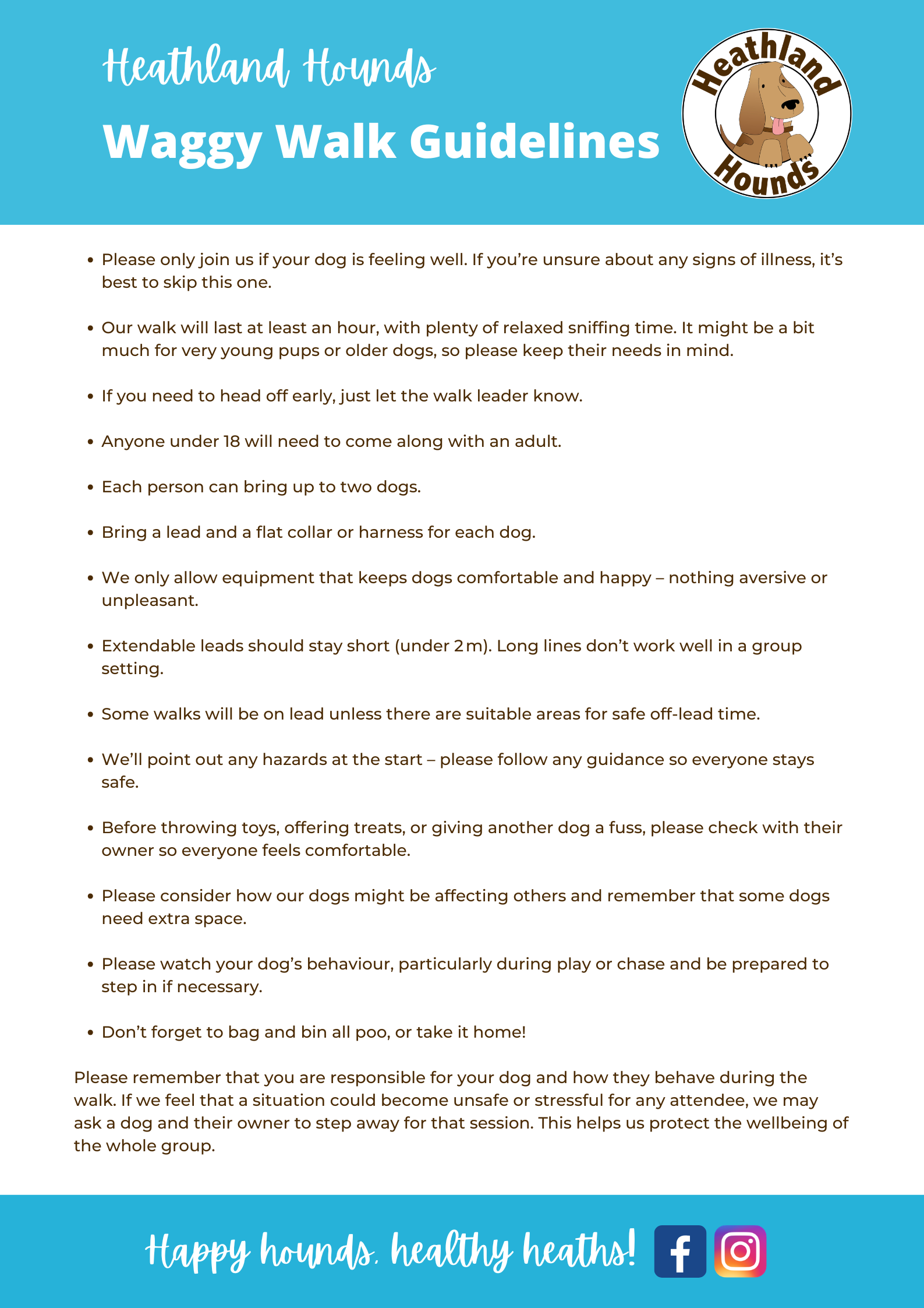 Blue and white Heathland Hounds walk guidelines