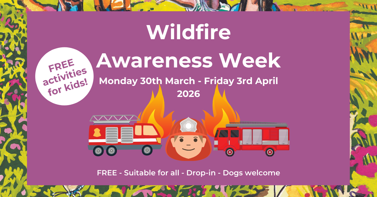 Pretty pink poster advertising Wildlfire Awareness Week 2026. With cartoon graphics of fire engines