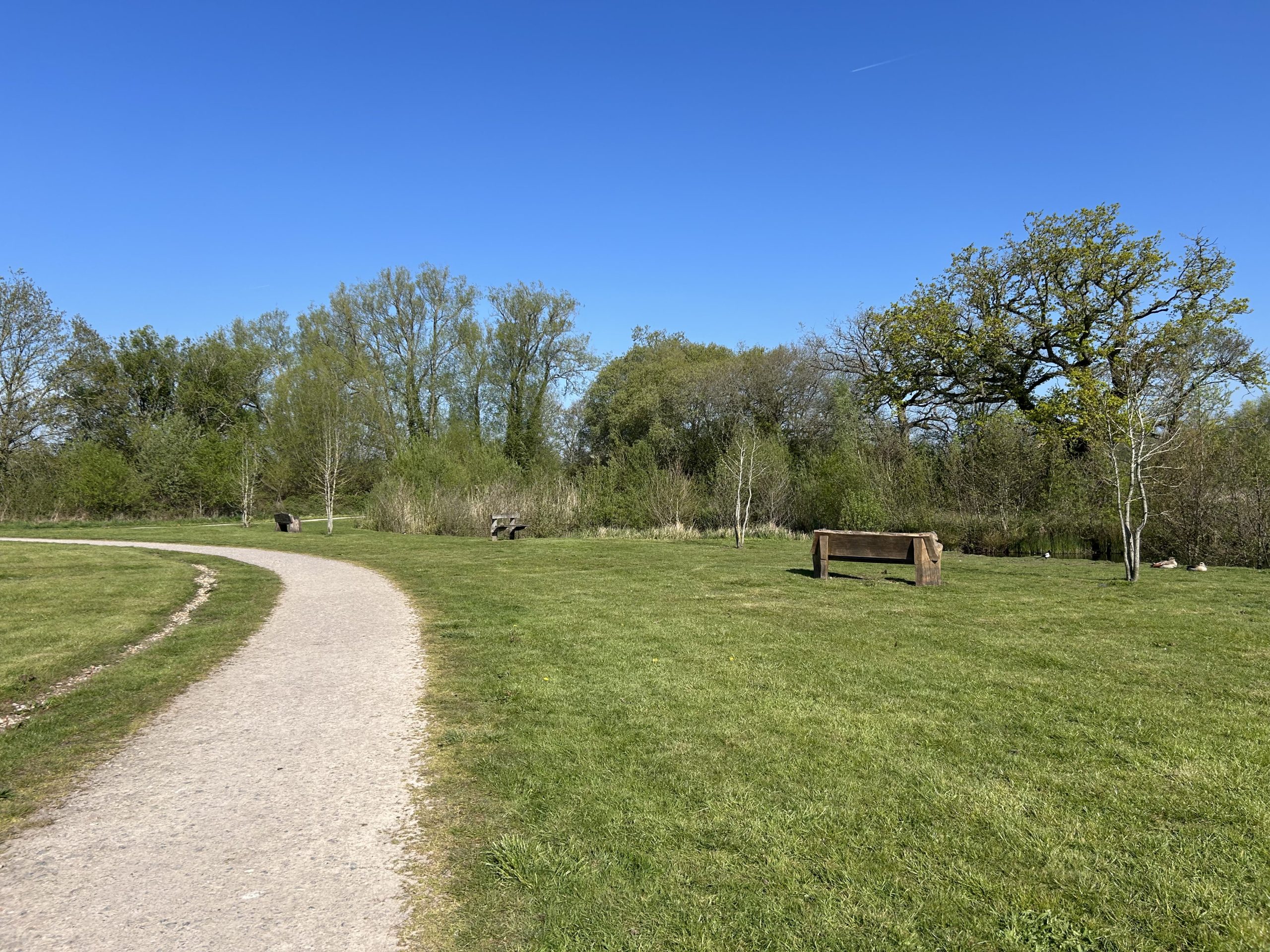 Photos of a grassland with a gravel path running through it and wooden bench