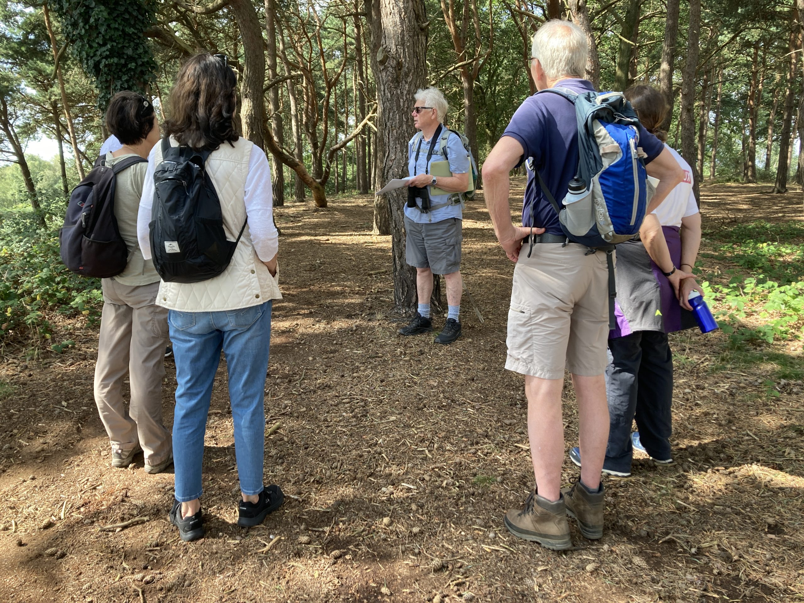 Photo of a man giving a talk to a circle of inividuals in a woodland in summer