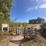 Photo of wooden fencing and a gate through a natural path leading to an open grassland and wooded knoll